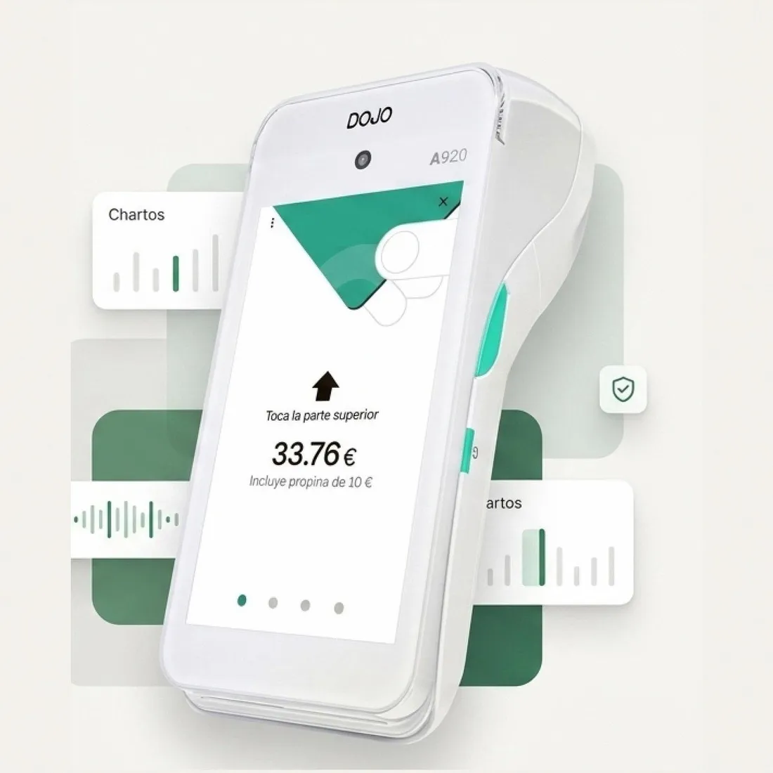 Datáfono contactless mostrando un cobro de 33,76 € en pantalla