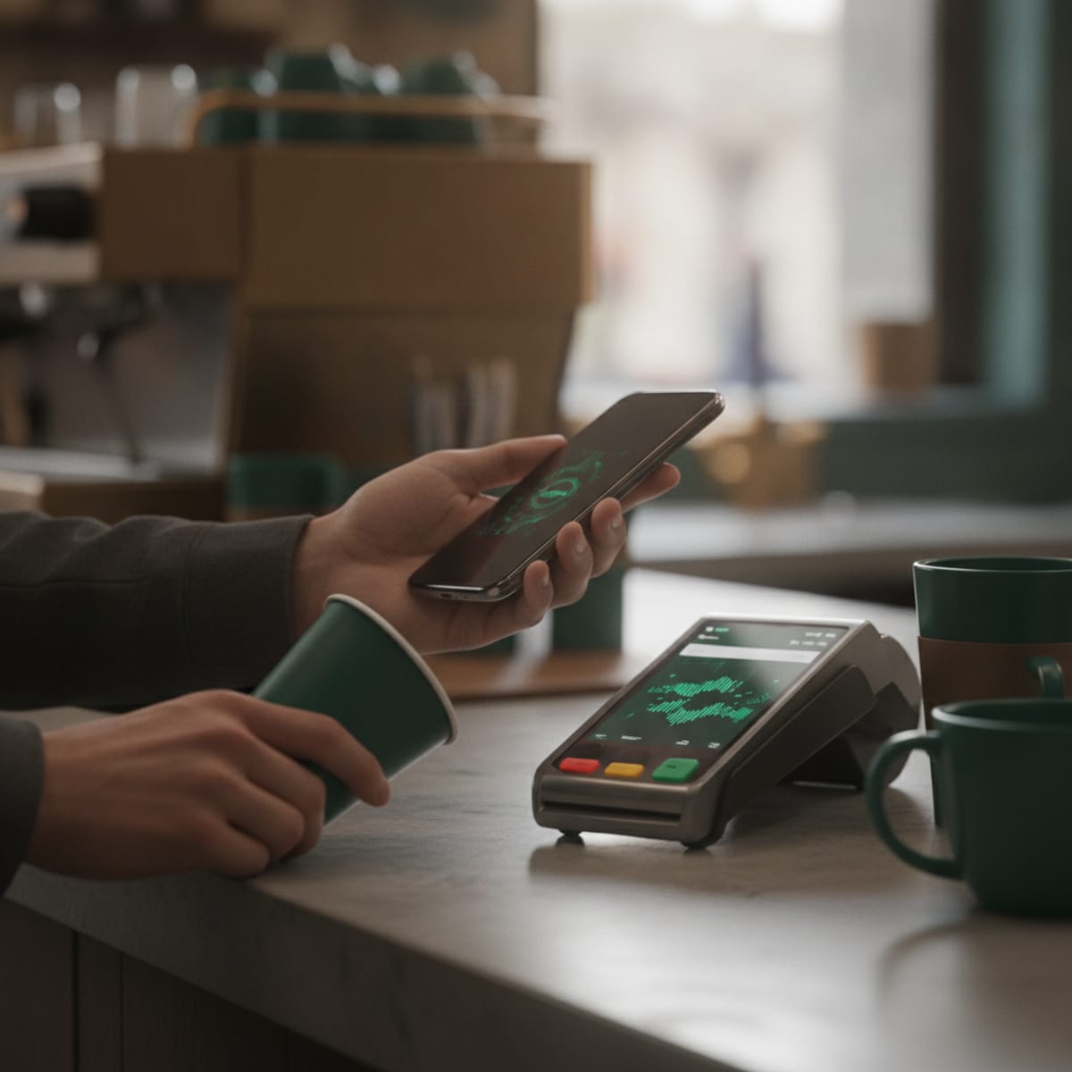 Datáfono cobrando en el mostrador de una cafetería